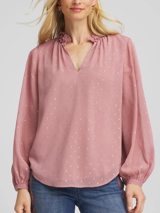 Chico's Tops - NWT Chicos Dusty Rose Metallic Clip Dot Ruffleneck Blouse • Size 1 / US M • $100